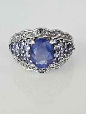 Genuine Fluorite, Tanzanite, Diamond Ring Sterling Silver Platinum Finish Size 7